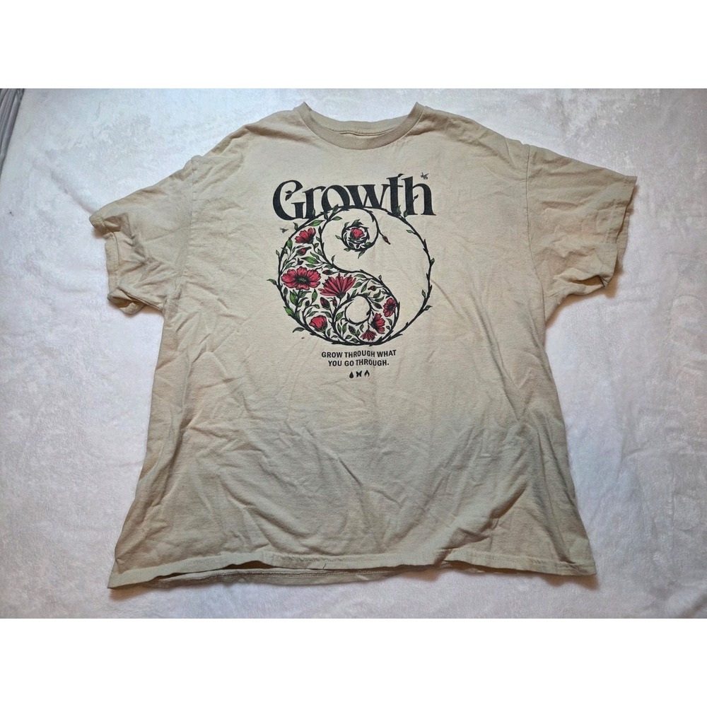 175- D&M Growth Yin Yang Floral Graphic T-Shirt XL Beige Boho Nature Cotton Tee